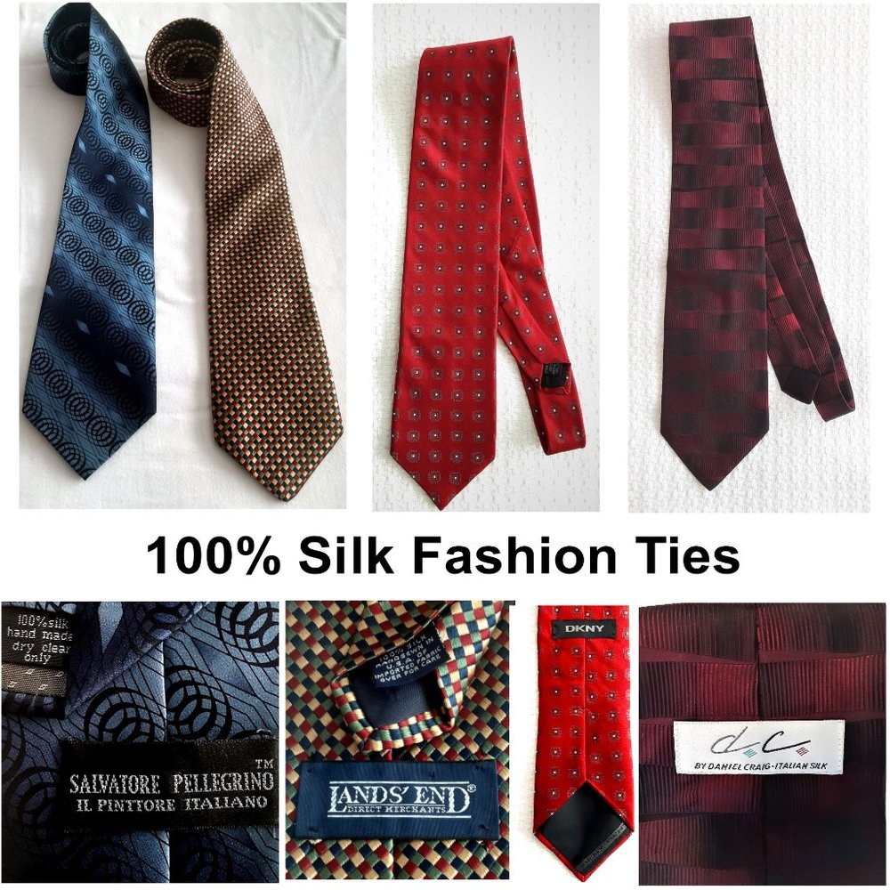 4 Fashion Silk Tie Bundle, Sal Pellegrino, Lands End, DKNY, Daniel Craig